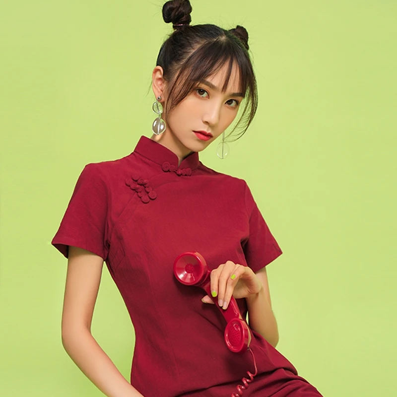 

Лето 2020, чистый красный Традиционный китайский чонсам, улучшенное облегающее винтажное платье с коротким рукавом, вечерние элегантные плат...