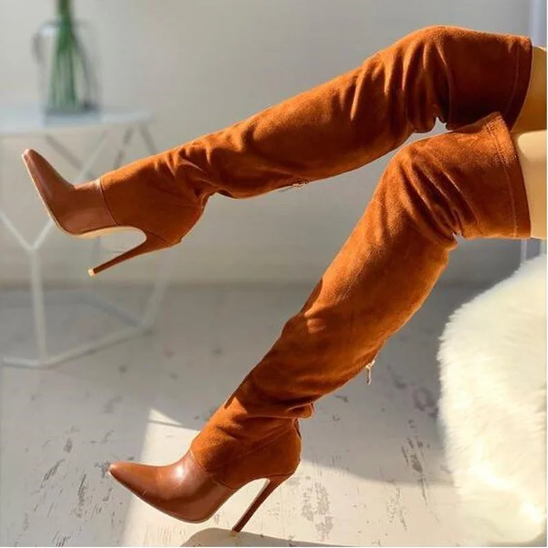 

Stylish Brown Suede Over The Knee Boots Pointed Toe Stiletto Heels Zipper Tight High Boots Wide Calf Women Party Dress Shoes