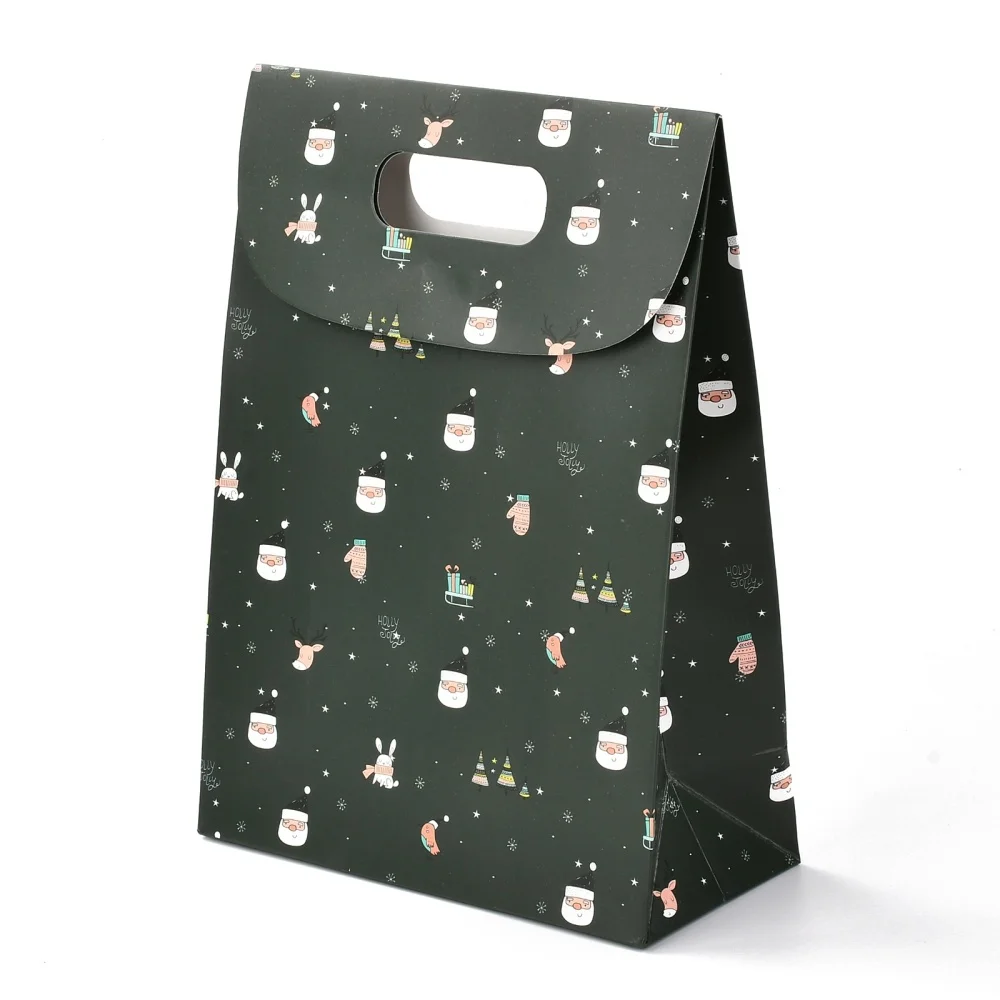 

10PCS Christmas Themed Rectangle Kraft Paper Flip Bags with Handle Gift Bags Shopping Bags Dark Green 12.5x9x26.5cm