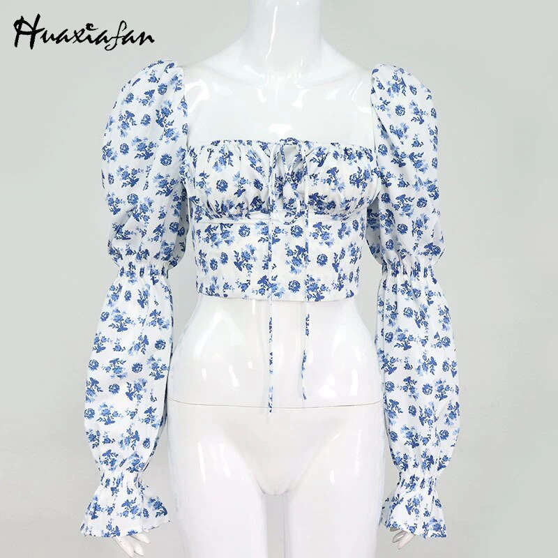 

Huaxiafan Floral Print Blouse Shirts Women Crop Tops Summer Puff Sleeve Slim Zipper Vintage T-shirts Tees Blouses Female 2021