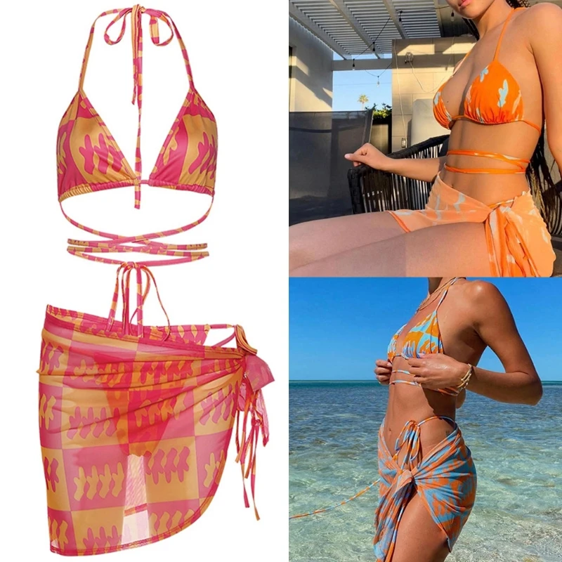

H9ED Women Sexy 3pcs Contrast Color Plaid Bikini Set Halter Brazilian Swimsuit with Sarong Cover Up Beach Skirt Bathing Suit