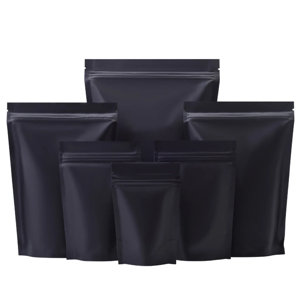 100 pz nero opaco Mylar Foil Stand Up Bag chiusura a Zip richiudibile riutilizzabile tacca a strappo Doypack Snack alimentare sacchetti di chicchi di caffè macinati