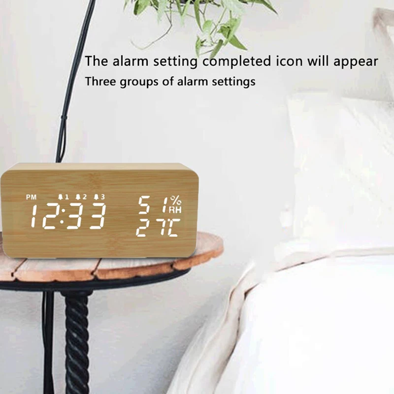 LED Wooden Temperature and Humidity Alarm Clock Table Voice Control Digital Wood Electronic Desktop Clocks Decor | Дом и сад