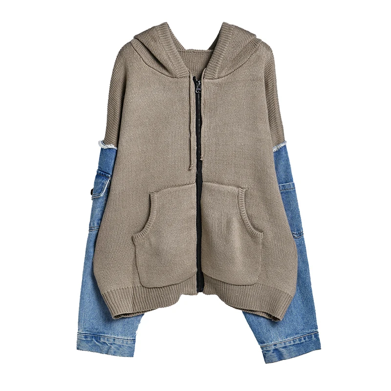 MICOCO W8761 Han edition Модная Джинсовая Лоскутная трикотажная куртка-кенгуру с капюшоном