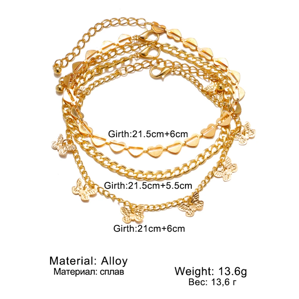 

VKME 3pcs/set Bohemian Gold Butterfly Chain Anklets Set For Women Girls Multi-layer Anklet Foot Ankle Bracelet Beach Jewelry