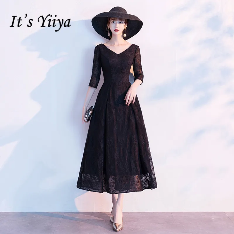 Женское вечернее платье It's Yiiya черное элегантное кружевное с коротким рукавом и