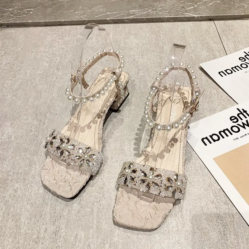 

Comfort Shoes for Women Med Luxury Sandals Block Heels All-Match 2021 Summer Suit Female Beige Medium Fashion Chunky Girls High
