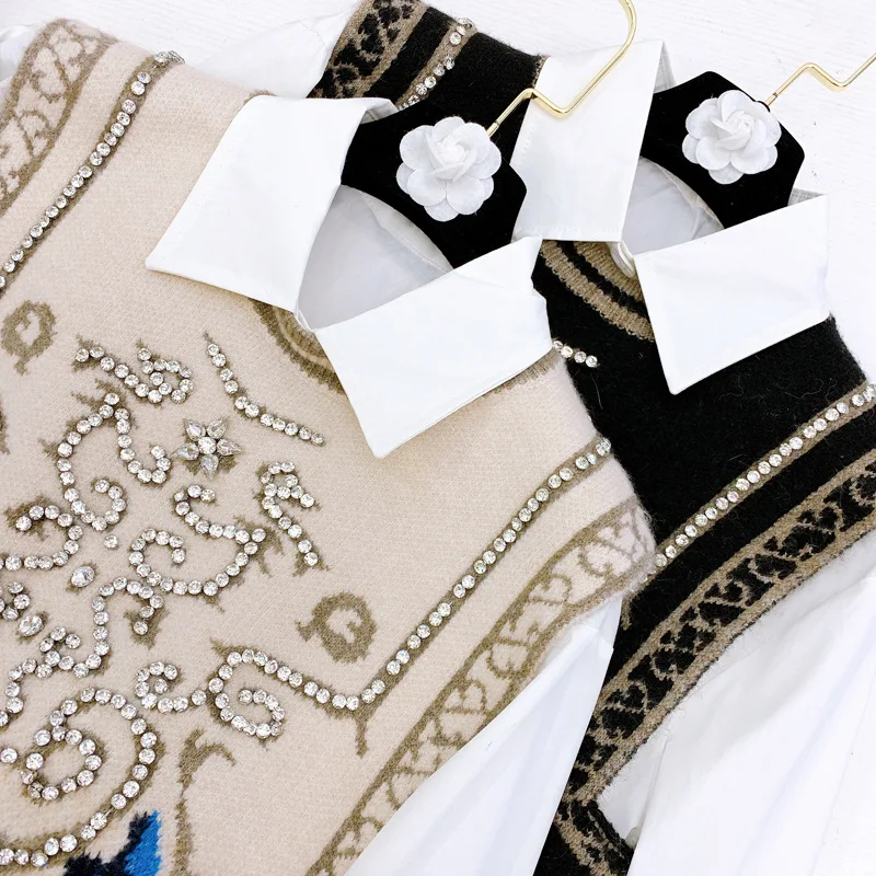 

Women Vintage Print Diamond Knitted Vest Loose Long-sleeved White Shirt Women Two Piece Set Sweater Tops 2021 Chic Clothes