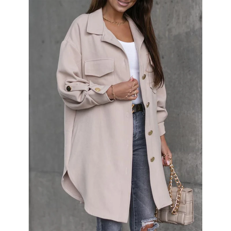 

Women Winter Long coat 2021 fashion full sleeve autumn button Pocket streetwear casual loose Office jacket femme vintage SJ8518C