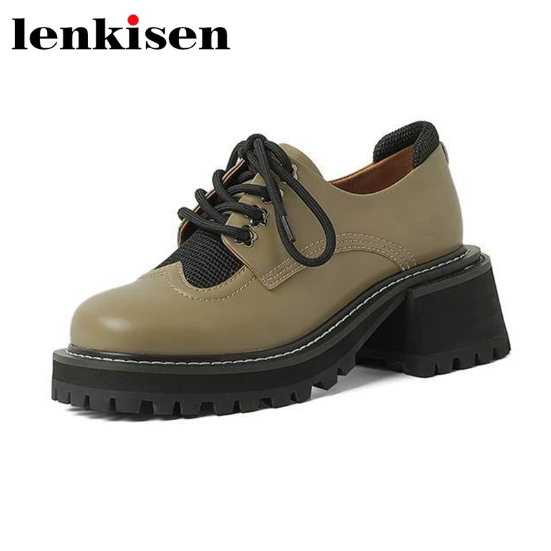 

Lenkisen splicing round toe shoes neutral cross-tied cow leather non-slip med heels waterproof khaki color ins classic pumps l13