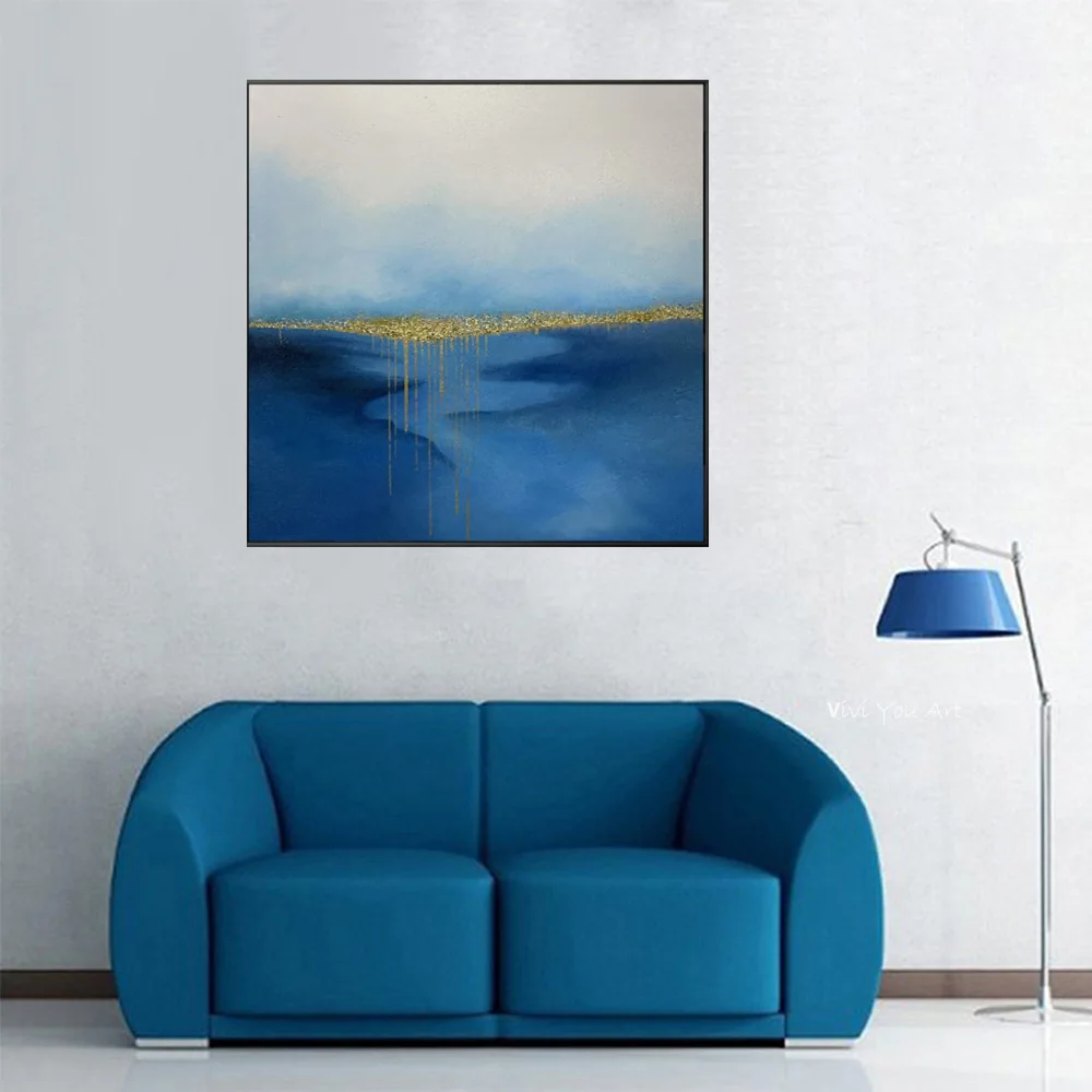 

Abstract Blue Shining Dold Canvas Painting Golden Pigment Poster Modern Wall Art Pictures for Living Room Blue Decoration