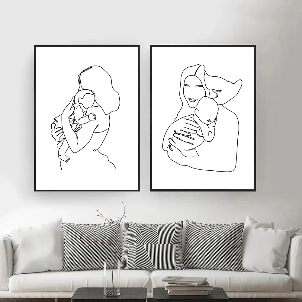 

Mom Baby Art Print Abstract Line Drawing Canvas Poster Family Portrait Painting Hand Minimalist Wall Art Pictures Nursery Decor