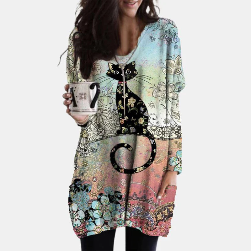 

Women Cartoon Cat Print Mini Dress Autumn O Neck With Pocket Dress Long Sleeve Loose Party Pregnant Woman Long T shirt Dresses