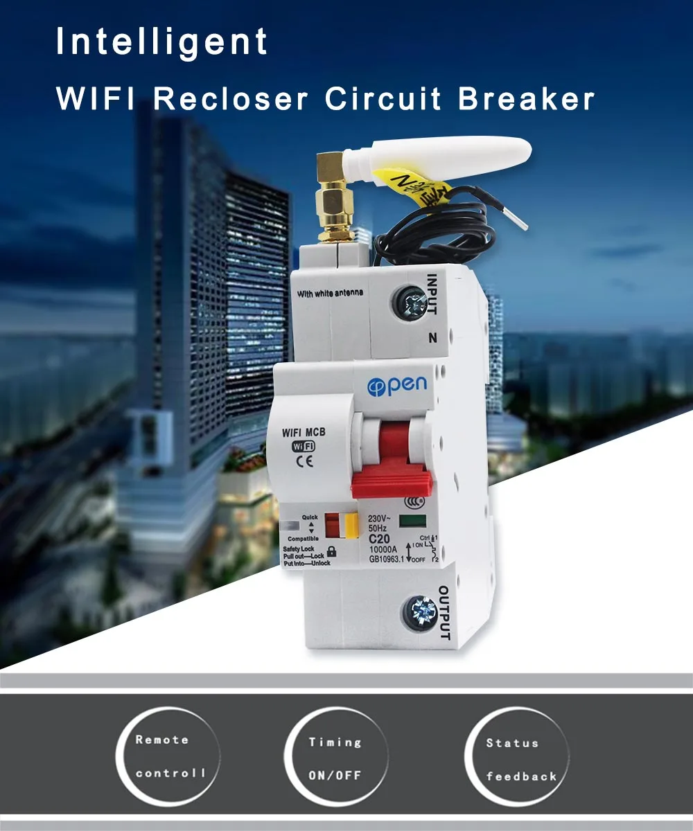 OPEN 1P 16A Remote control Wifi Circuit Breaker/ Smart Switch/ Intelligent automatic Recloser support Alexa and google home