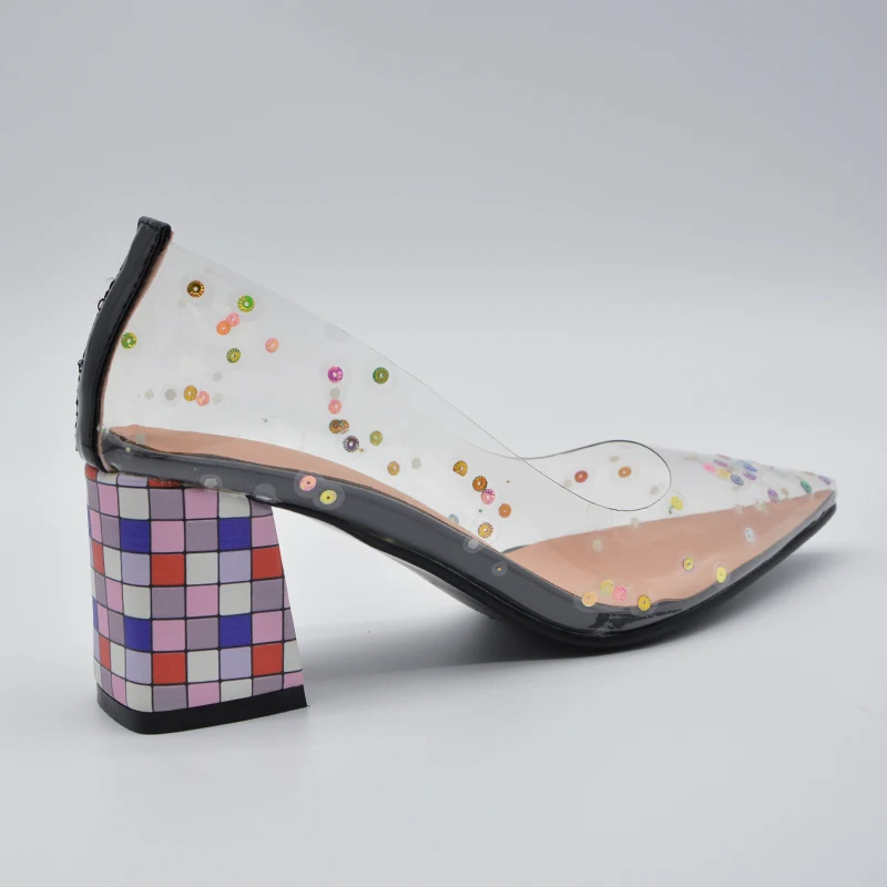 

Genuine 2020 New Shallow Mouth Square Heel Women's High Heels Fashion Style High (5cm-8cm) Pointed Toe Basic PVC Slip-On