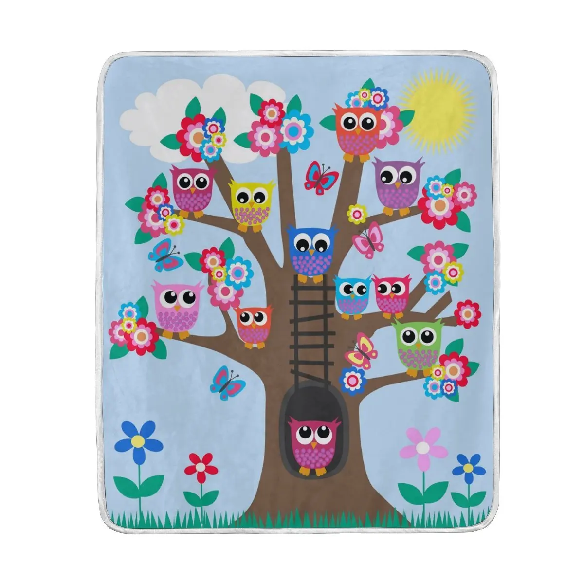 

Cute Colorful Owl on Tree Nap Flannel Blankets Super Soft Cozy Throw Blanket Warm Bedspread Travel Sofa Cover