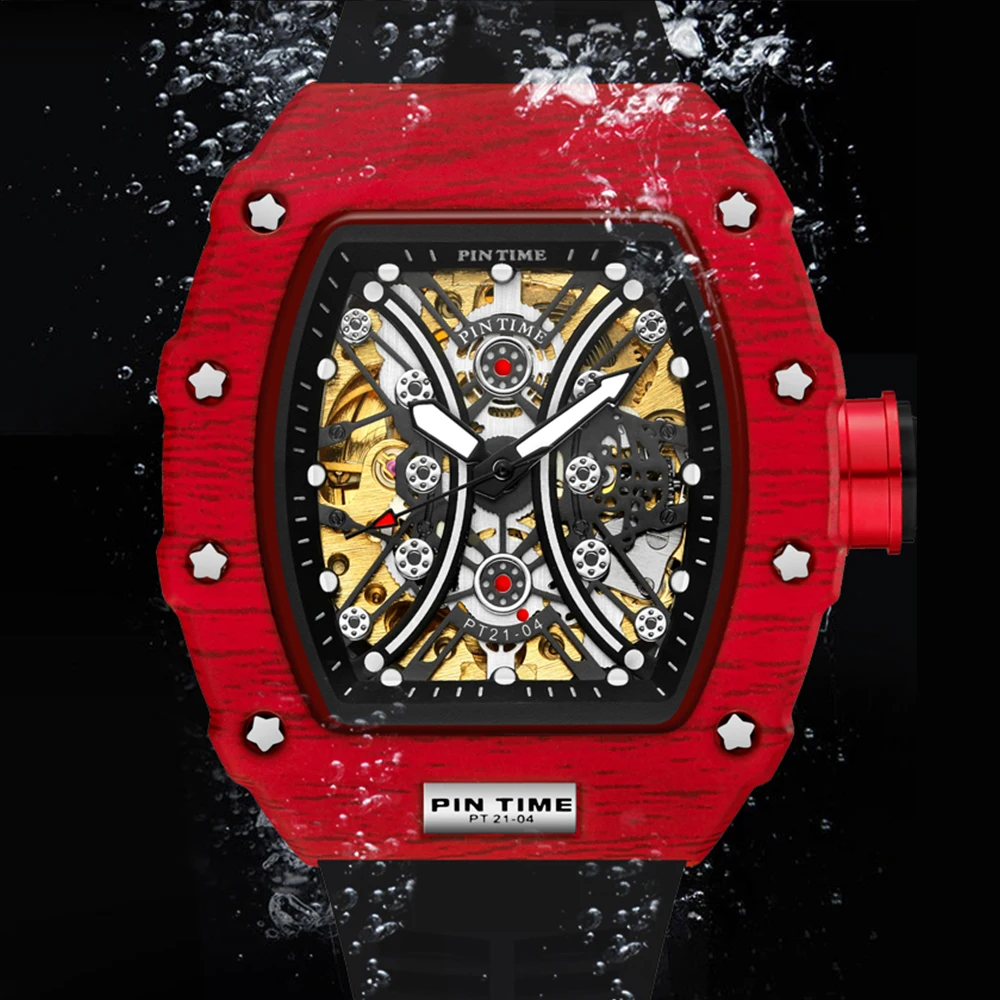 

2021 Top Brand Luxury High End Red Watches Waterproof Dive Hollow Tonneau Mechanical Mens Watch Automatic Date Tourbillon Clocks