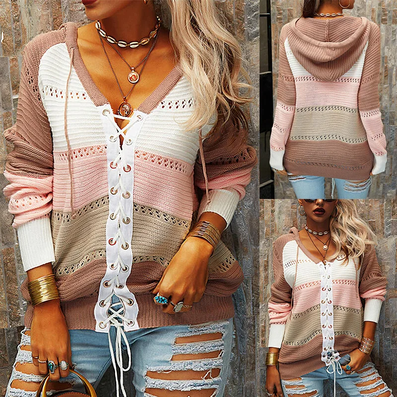 

Autumn Women Patchwork Hooded Sweater Bandage V-neck Knitted Sweater Casual Striped Pullover Jumpers 2021 New Female Hoodies