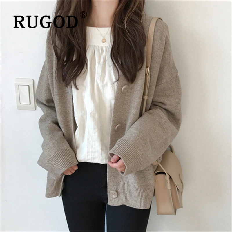 RUGOD Cardigan women Korean solid single-breasted V neck knitted lady sweater coat 2019 Fashion auturm warm oversized outwear |