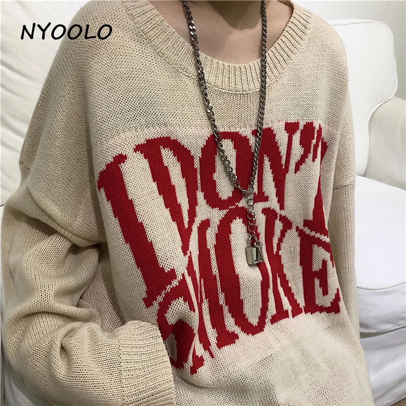 NYOOLO повседневный уличный жаккардовый свободный свитер с надписью «I't SMOKE», осенне-зимний пуловер с длинными рукавами и круглым вырезом, свитер для женщин и мужчин