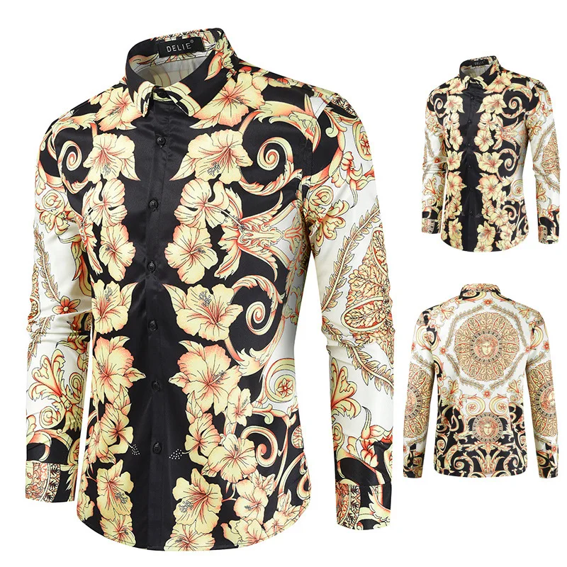 

Рубашка мужская однобортная с принтом, стрейчевая дышащая блузка с отложным воротником, большие размеры, весна-осень