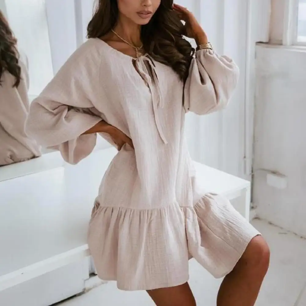 

2021 Fashion Women Dress Long Puff Loose Sleeve Tie-up Cotton Flax Spring Summer Sexy Hollow Out Ruffle Party Dress Vacation