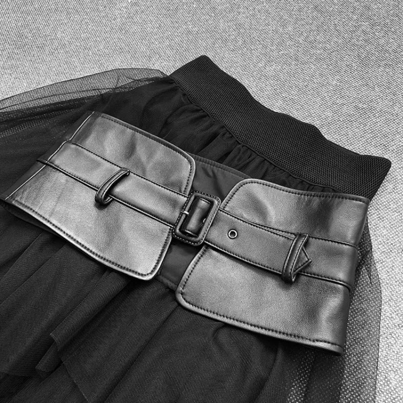 

Genuine Gothic Women Sheepskin Leather Waist Mid Long Skirt 2021 New Ladies Casual Asymmetrical Mesh Punk Style High Waist Skirt