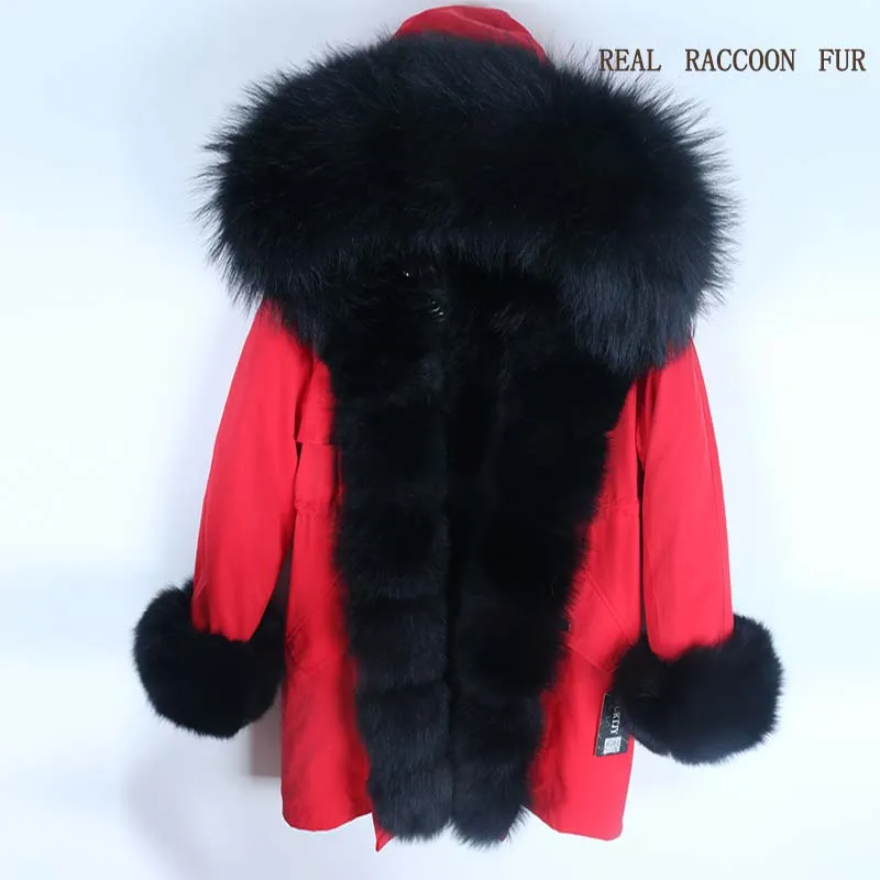 Raccoon fur Новая зимняя куртка женская красная лиса леопардовая кроличья меховая подкладка енота меховая парка натуральный Лисий меховой воротник верхняя одежда S-7XL - Цвет: Raccoon fur