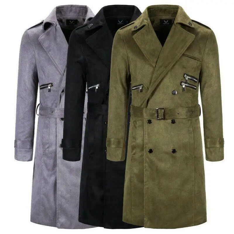 

Mens Mid Long Suede Velvet Jacket Windbreaker Double Breasted Trench Coat Belted B3
