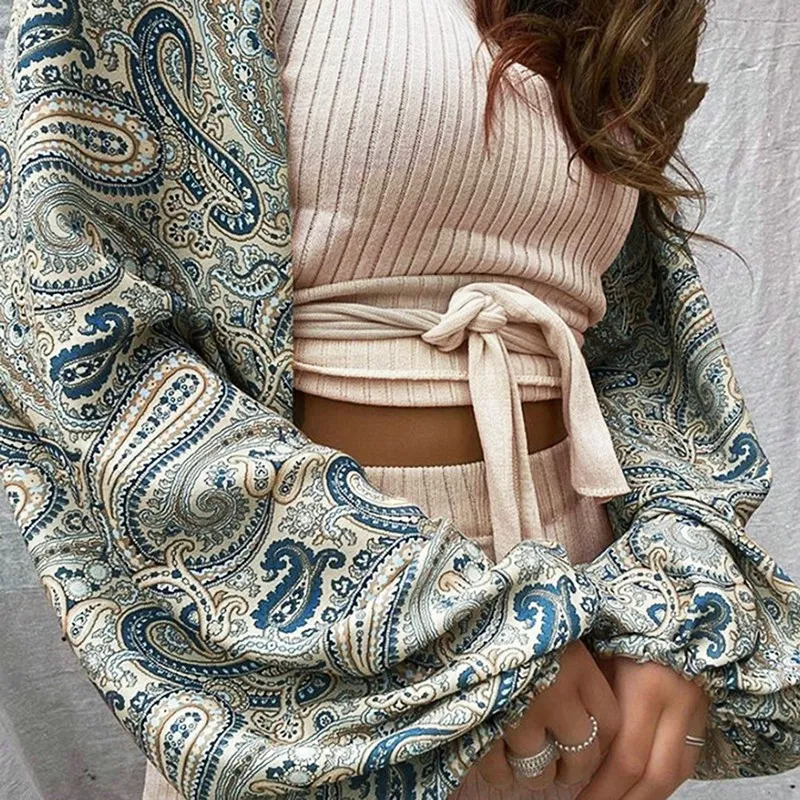 

Women's Fashion Round Neck Slim Printed Lantern Sleeve Bandage Shorts 2-Piece