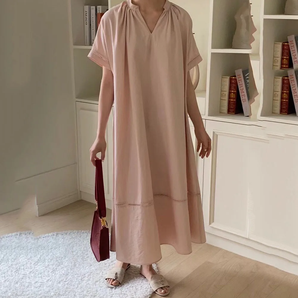 

Korean Fashion Lace Splicing Loose Thin Solid Color Oversize V-neck Casual Summer Women's Dress Simplicity Summer 2021