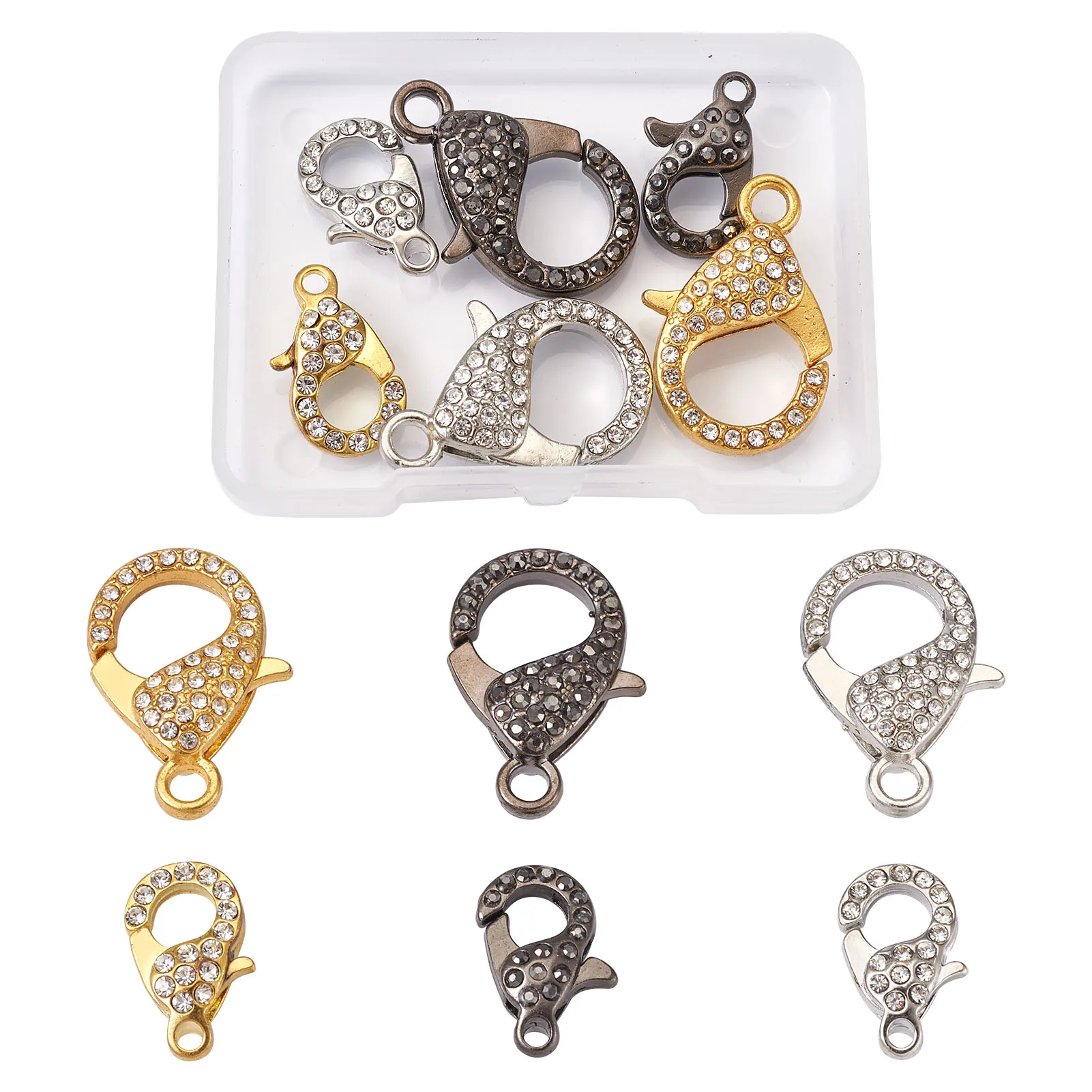 

1 Box Mixed Color Alloy Rhinestone Lobster Claw Clasps Hanger Links for Bracelet DIY Jewelry Making Supplies 21~31x12.5~22x7mm