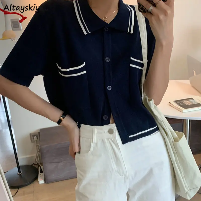 

Футболки в стиле преппи с отложным воротником, Женская однобортная футболка с коротким рукавом для студентов, Повседневная тонкая вязаная ...