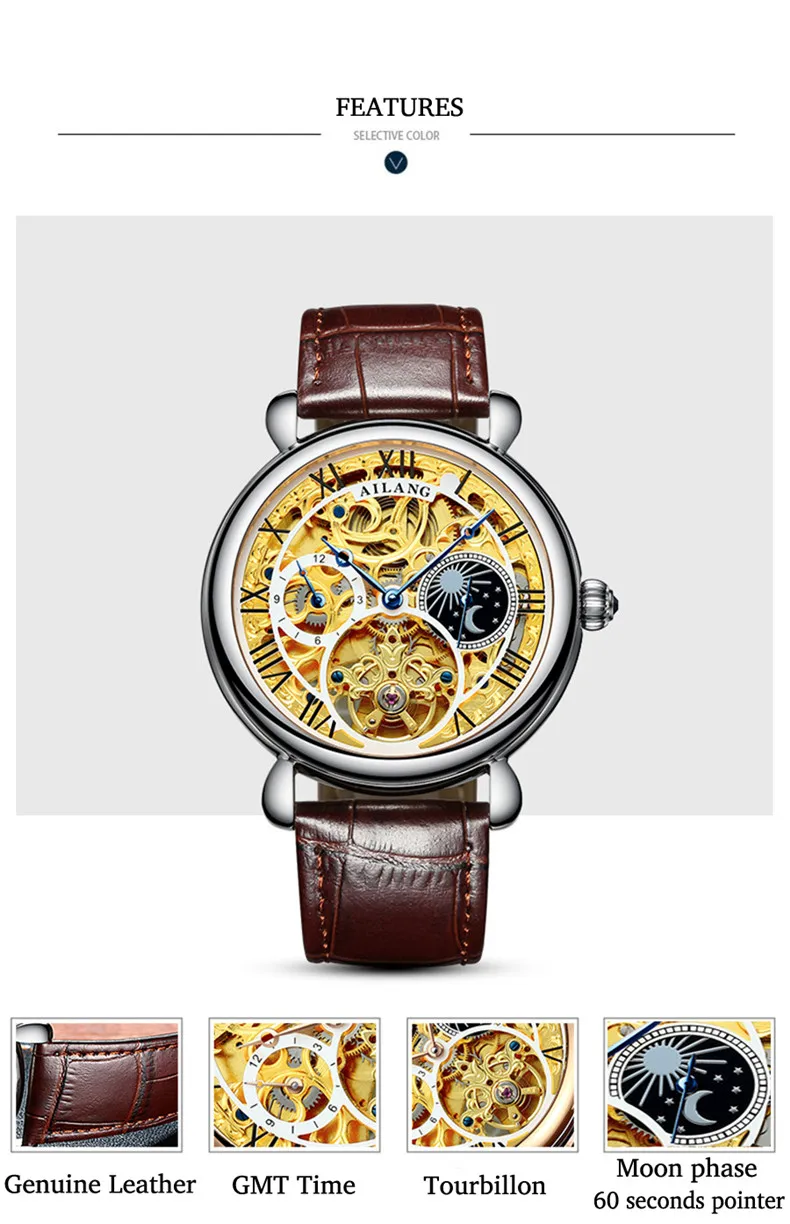 AILANG Moon Phase, мужские винтажные автоматические механические часы, мужские часы со скелетом, s Tourbillon, часы, лучший бренд, Роскошные, Новинка