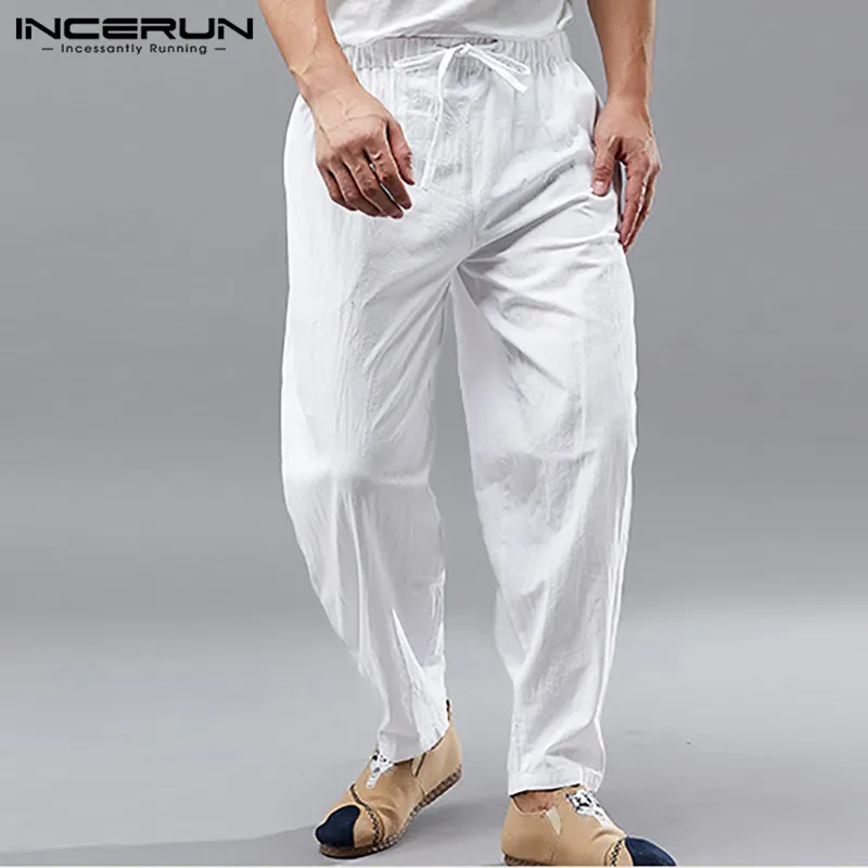 

INCERUN полиуретановой кожи модные однотонные брюки мужские винтажные Свободные повседневные брюки из хлопка человек шнурок мешковатые штаны...