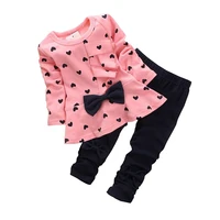 spring and autumn heart print baby girls infant clothing set bow long sleeve t shirt pants kids toddler children tops outfits