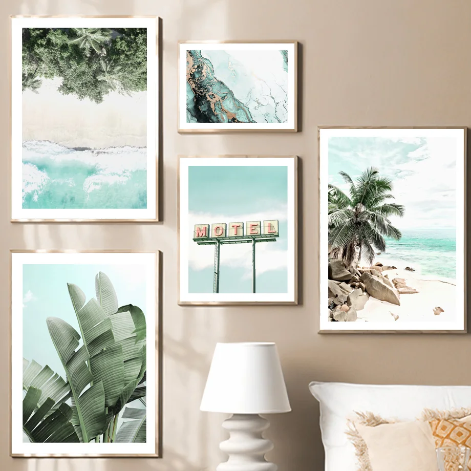 Coconut Tree Banana Leaf Beach Sea Wave Sailboat Art Canvas Painting Nordic Posters And Prints Wall Pictures Living Room Decor | Дом и сад