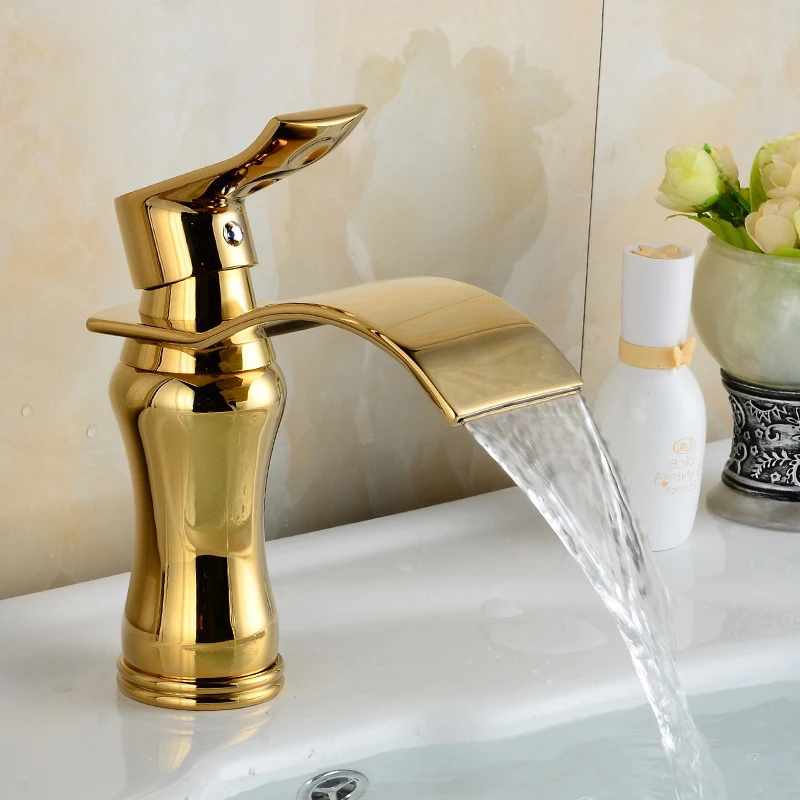 Золотистый смеситель Водопад с одной ручкой античный кухонный для раковины