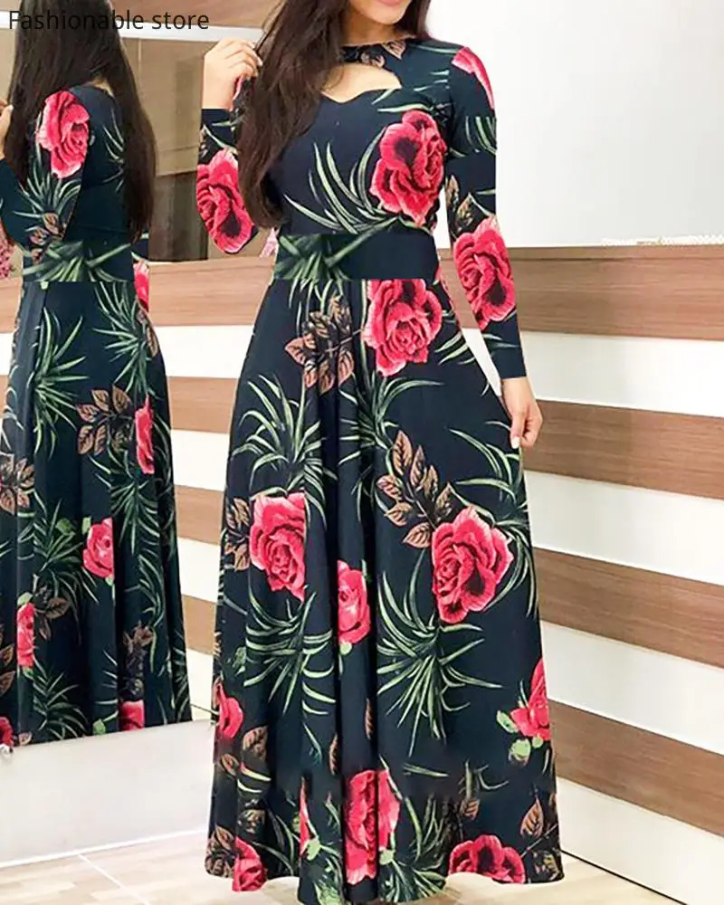 

Women Autumn Long Sleeve Floral Printed Hollow Out Maxi Dress