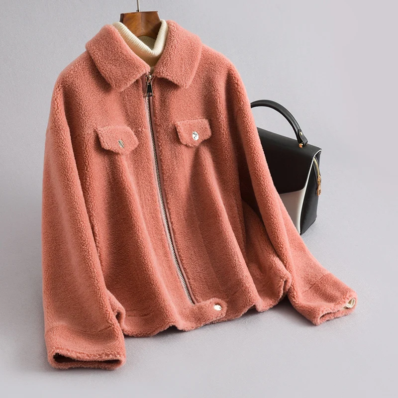 watermelon pink AYUNSUE Натуральная Овечья шерсть пальто женские шерстяные пальто зимняя куртка женские корейские короткие куртки Chaqueta Mujer MY4039 - Цвет: watermelon pink