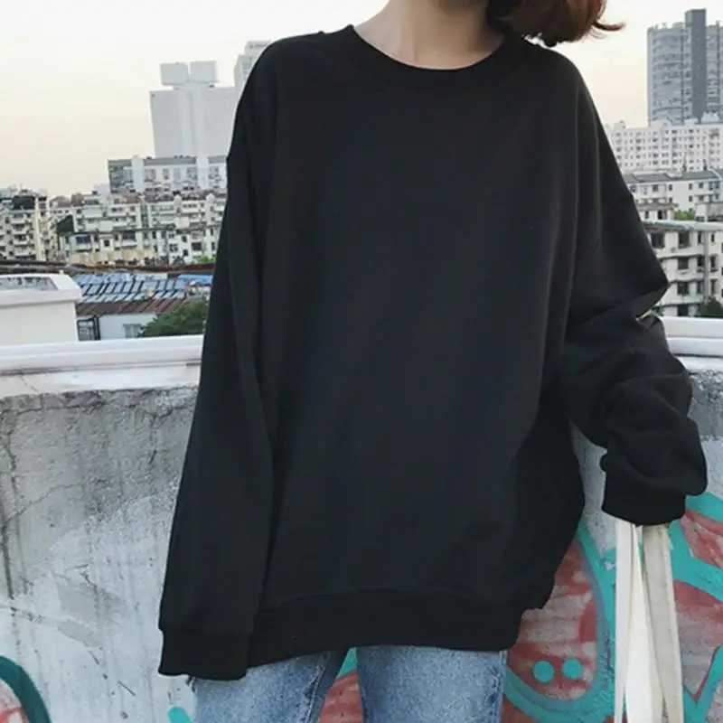 

ZITY Hoodies Women Loose Long Sleeve Pullovers O-neck Drop-shoulder Simple Trendy Korean Womens All-match Streetwear Soft Sweats