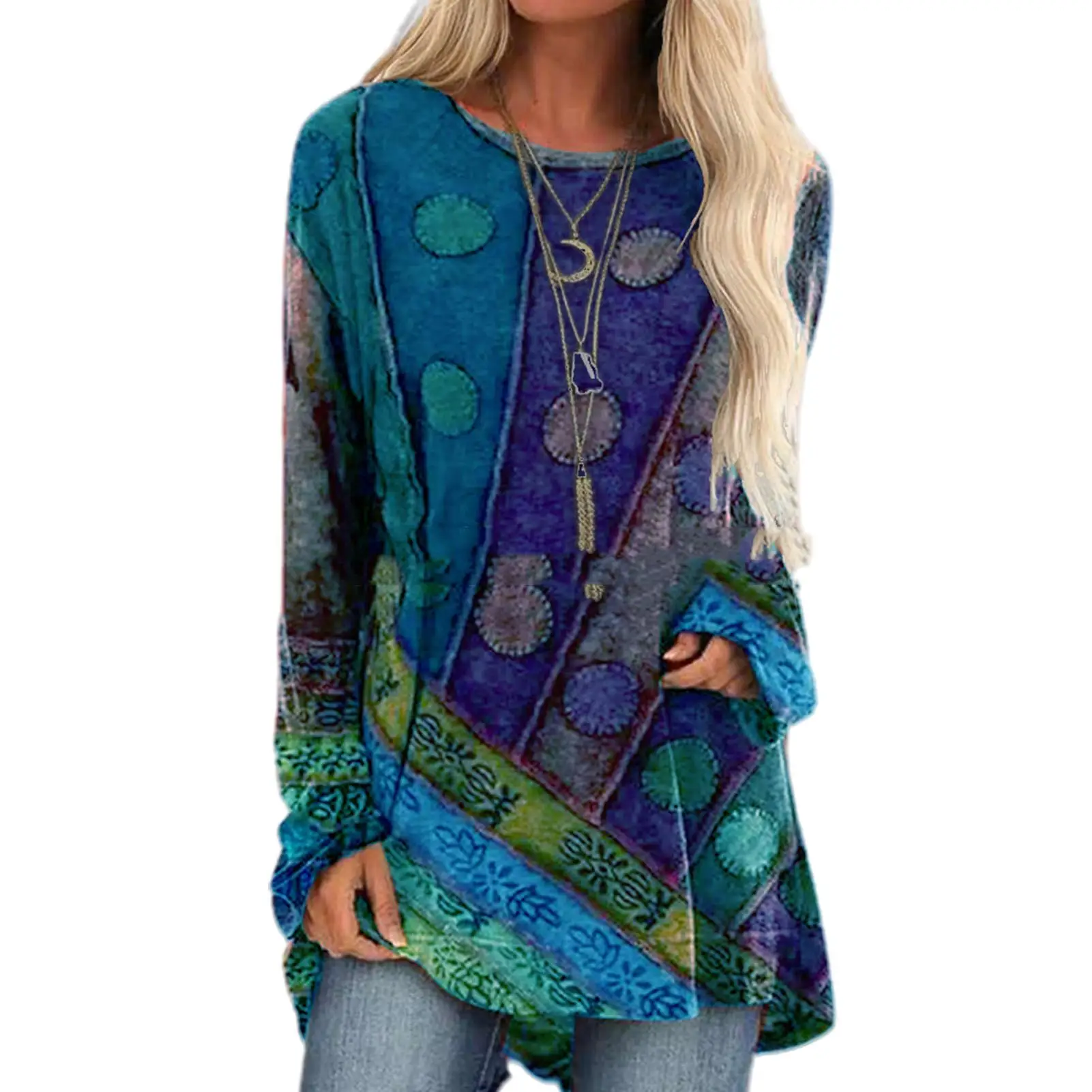 

Women T-shirt 2021 Spring Autumn Casual Long Sleeve O-neck Vintage Ethnic Print Patchwork Oversize Loose Tshirt Top