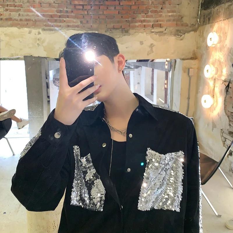 

2020 Suede Casual Fabric Shirts Coat Male Women Vintage Streetwear Men Sequins Splice Long Sleeve Loose Hip Hop Shirt Outerwear