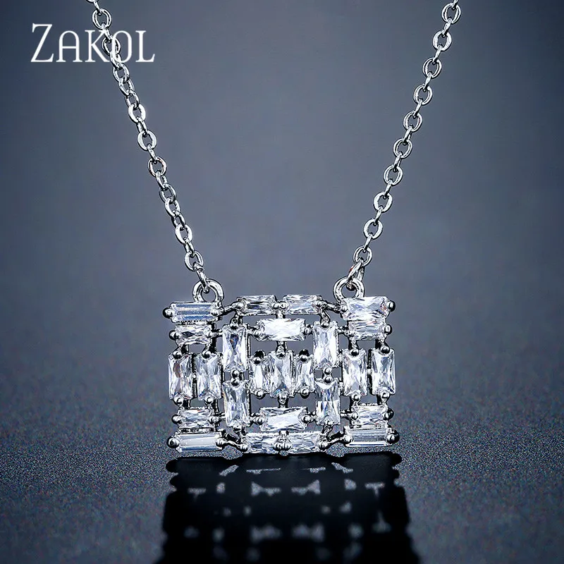 White ZAKOL Горячая Сумочка Т форма кубического циркония ожерелье с квадратными подвесками для женщин свадебный ужин вечерние ювелирные изделия подарок на день рождения FSNP2126 - Окраска металла: White
