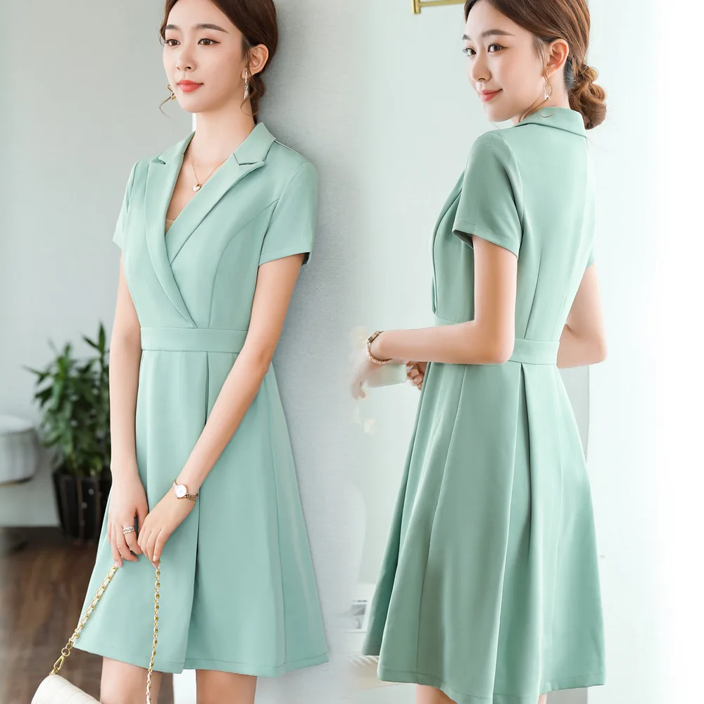 Spot wholesale summer fashion suit collar dress female star temperament large size fruit green dress, slim waist, age reduction
