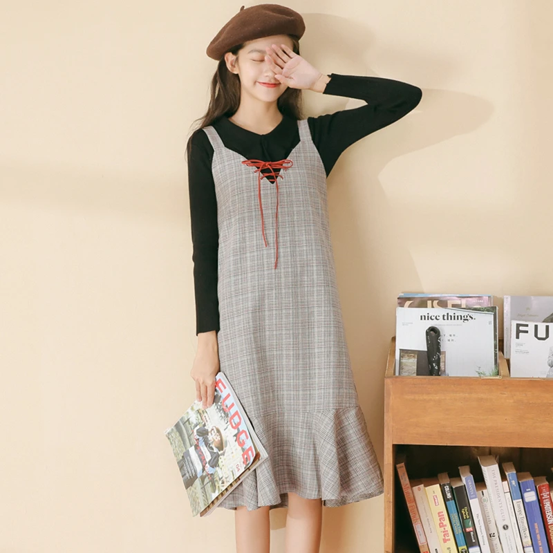 Осенние женские платья 2020 зима ulzzang harajuku корейский стиль Мода Винтаж тренд плед