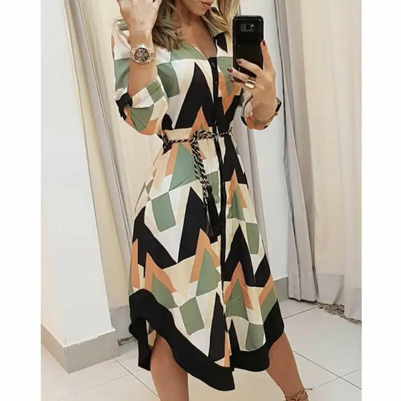 

Women's long dress geometric pattern V-neck color matching shirt with belt