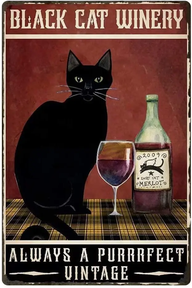 

Metal Wall Sign Black Cat Winery AL WAYS A PURRFECT UINTAGE Bar Cafe Art Room Decoration Retro Square Metal Sign 8X12 Inches