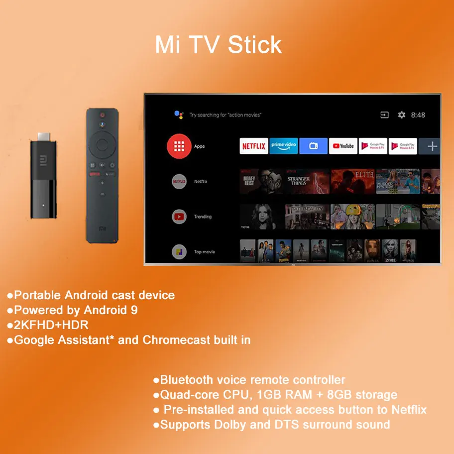 Глобальная версия Xiaomi Mi TV Stick Android 9.0 2K HDR Quad Core HDMI RAM 1GB ROM 8GB Bluetooth Wifi Netflix Google Assistant on.