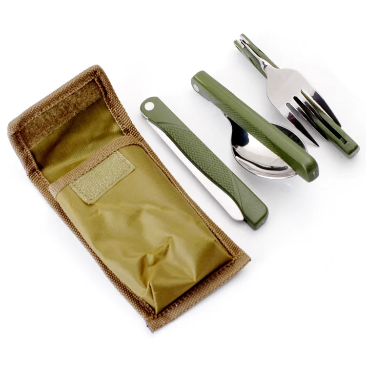 

Stainless Steel Portable Folding Cutlery Set Fork Knife With Army Green Pouch Survival Camping Bag Outdoor Cutlery Container